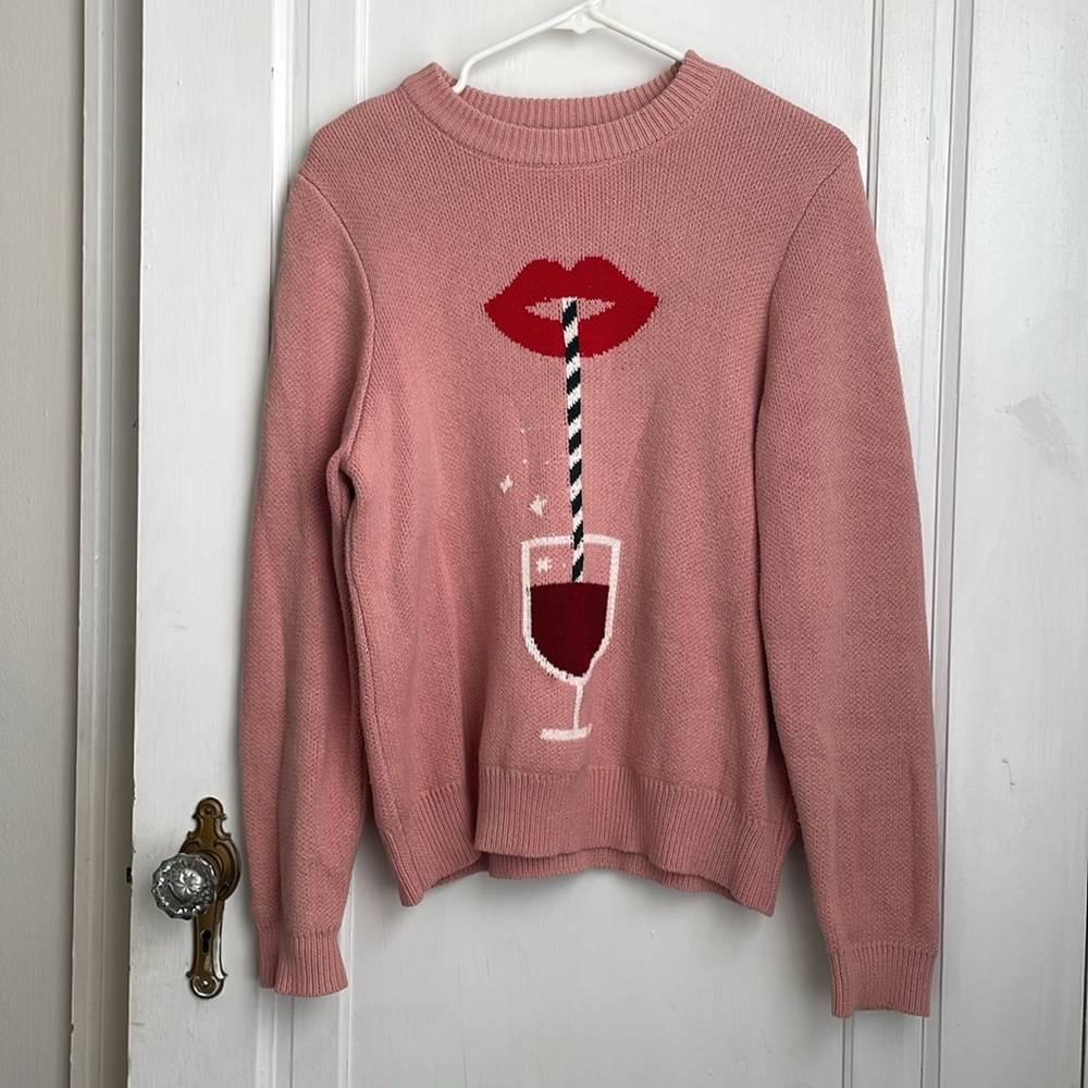ban.do Pink and Red Crew Neck Sweater with Graphic Design